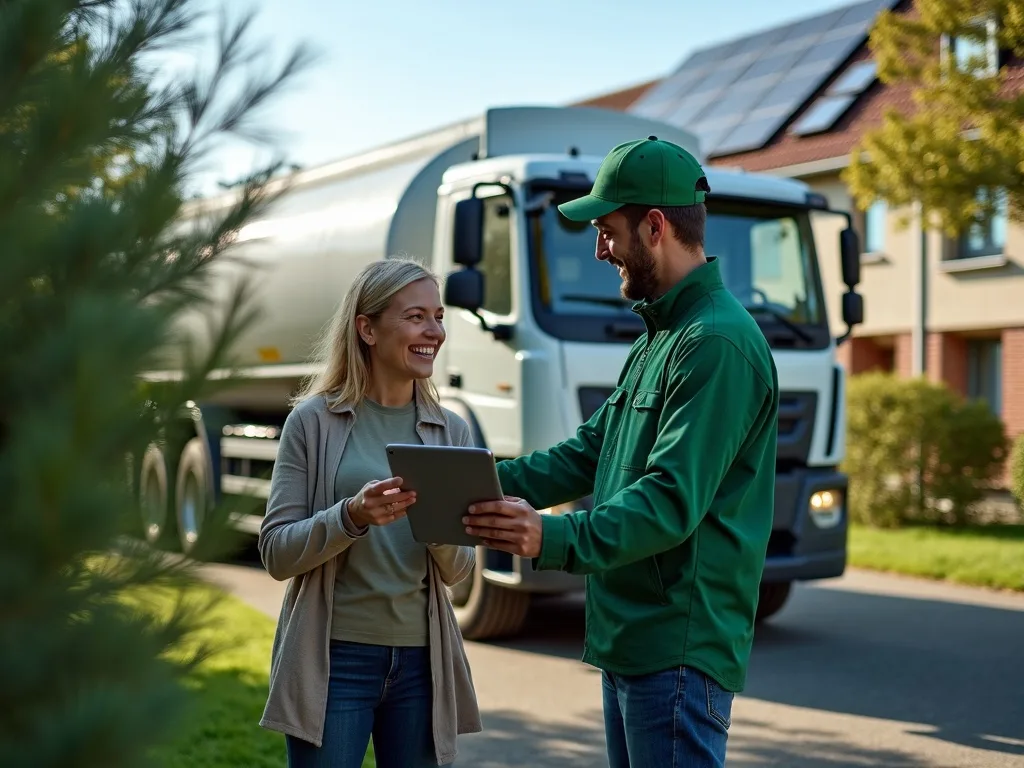 Zuverlässige Heizöl-Lieferung direkt zu Ihnen nach Hause Ein junges Paar prüft die Heizölbestellung neben einem Lieferfahrzeug im Garten
